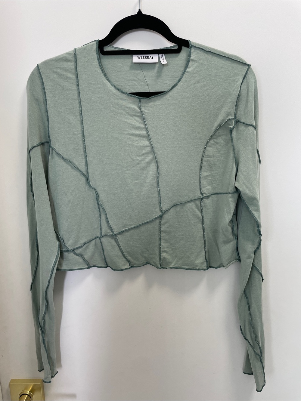 Weekday Sage Cropped Long Sleeve Tee with Exposed Seams